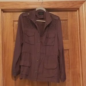 Light utility jacket with lace shoulder overlayer